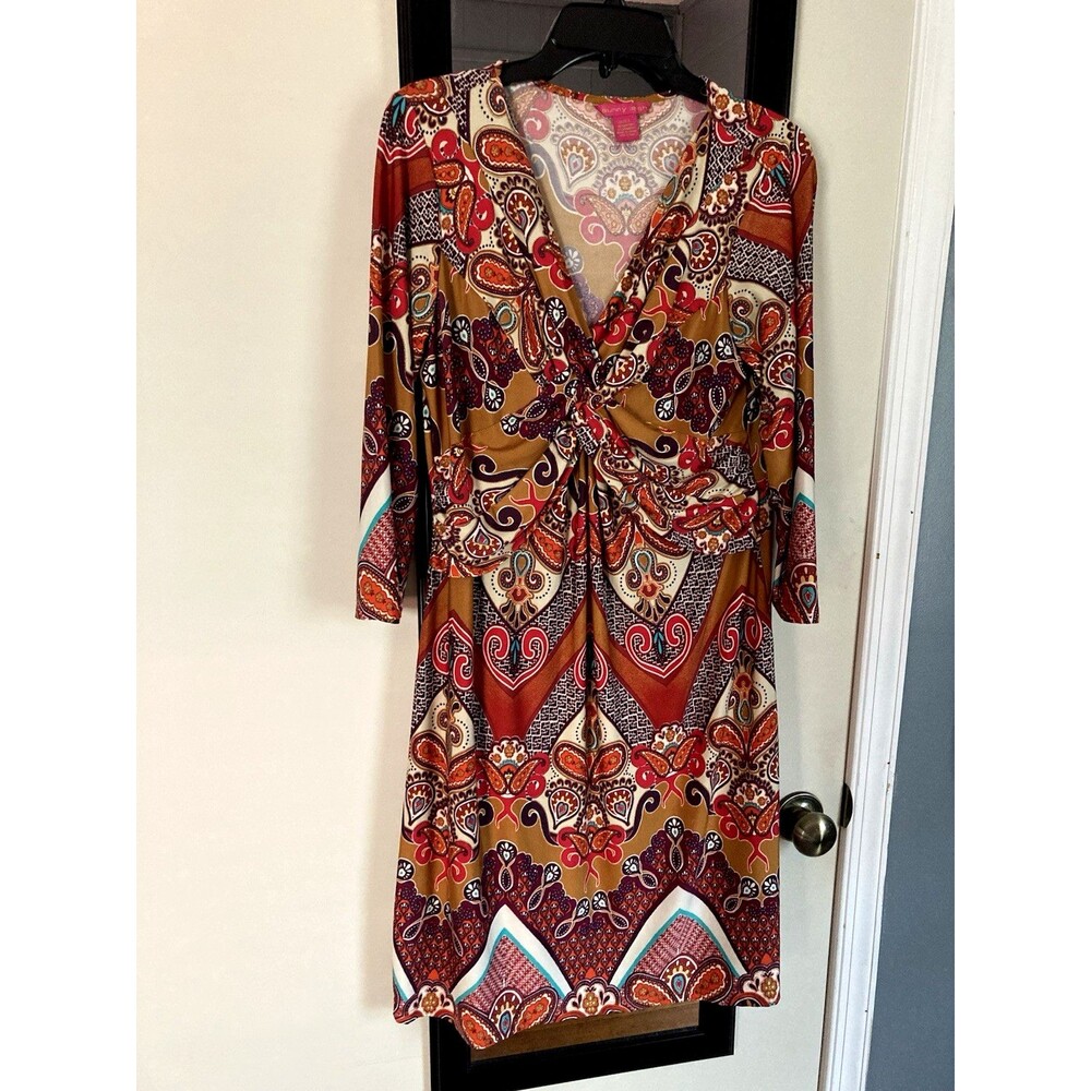 Sunny Leigh Dress L Floral Paisley A-line Orange Multi Stretch Knee Length